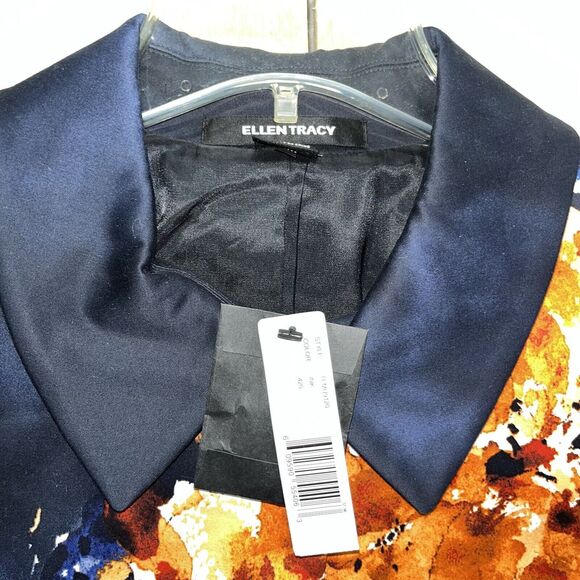 NWT Ellen Tracy Ink Blue Orange Abstract Floral Swing Cotton Blazer Jacket Sz 10 - Picture 8 of 11
